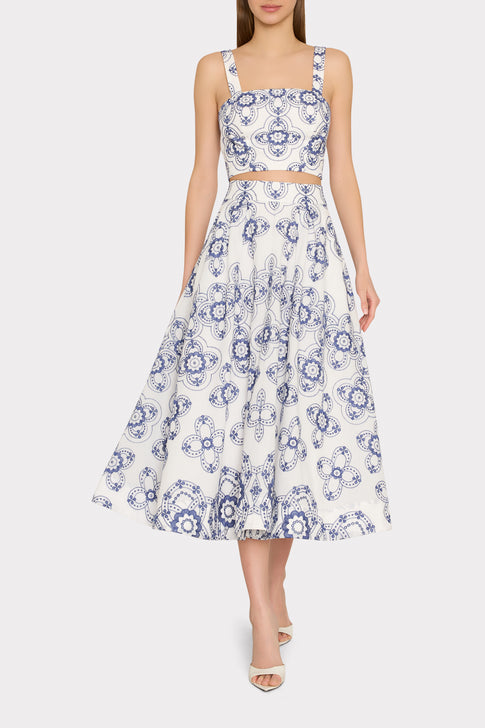 Navy/White Rose Embroidered Crop Top - On Model, Styled with Matching Midi Skirt Set | MILLY