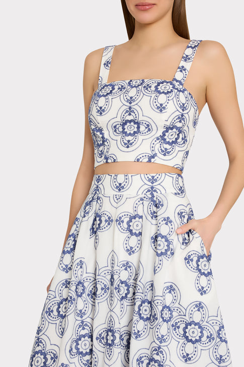 Navy/White Embroidered Crop Top - Close-Up Detail, Elegant Floral Motif & Wide Straps | MILLY
