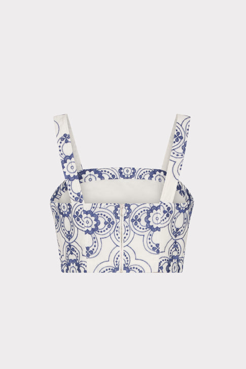 Navy/White Designer Embroidered Crop Top - Back View, Center Zip Closure | MILLY