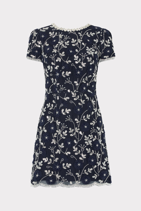 Navy Silver Sequin Embroidered Lace Mini Dress - Front Flat View | MILLY