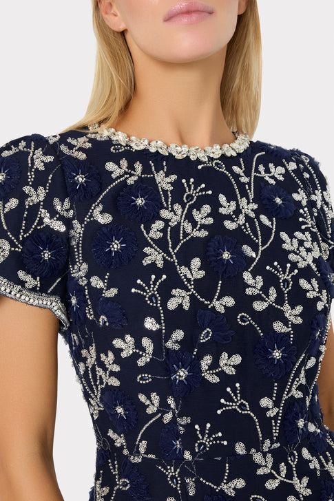 Navy Silver Luxury Sequin Embroidered Lace Dress - Crystal Neckline Close-Up | MILLY
