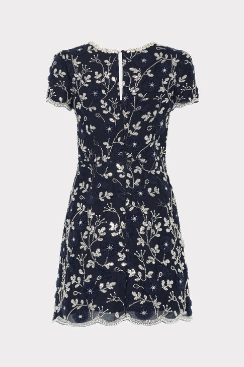 Navy Silver Designer Sequin Lace Mini Dress - Back View with Keyhole | MILLY