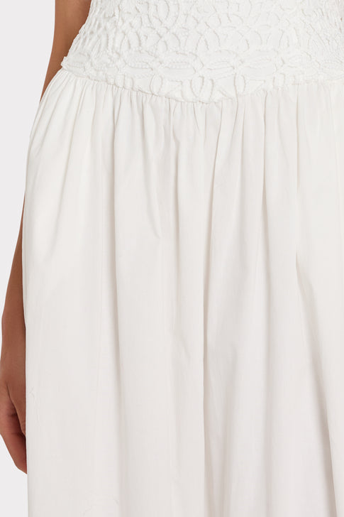 White Lou Crochet Maxi Dress waist detail with flowing skirt - Crochet Detail | MILLY