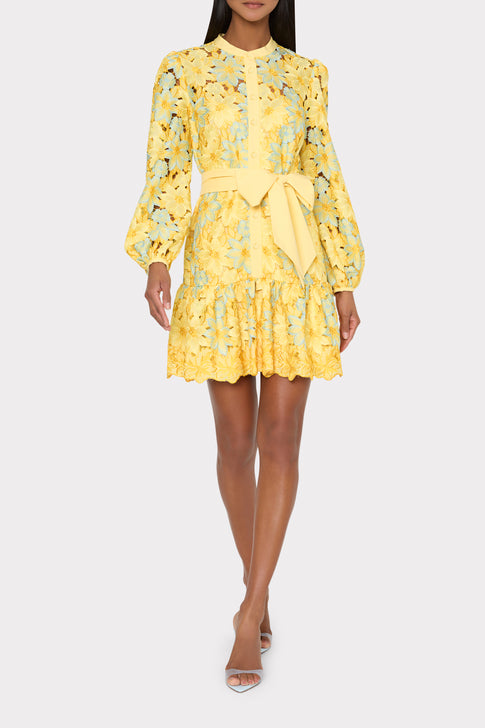 Yellow Floral Lace Designer Dress with Peasant Sleeves - On Model | MILLY