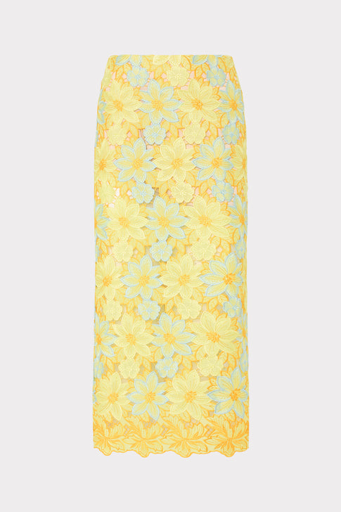 Yellow Multi Floral Lace Alani Midi Skirt - Flat Lay | MILLY