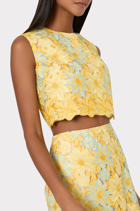 Yellow Multi Floral Lace Top Detail - Side Angle On Model | MILLY