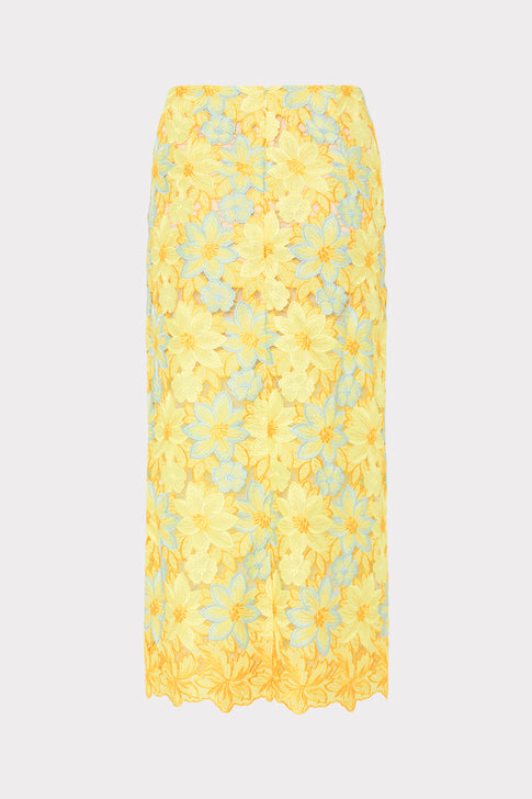 Yellow Multi Floral Lace Midi Skirt Back View - Flat Lay | MILLY