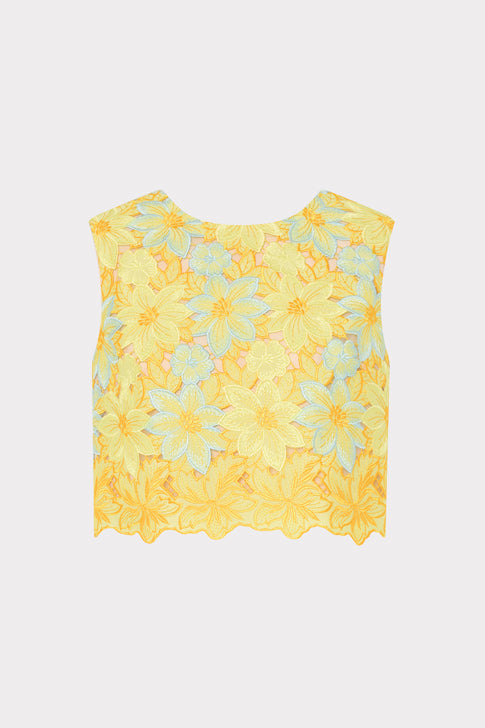 Yellow Multi Floral Lace Alina Sleeveless Top - Flat Lay | MILLY