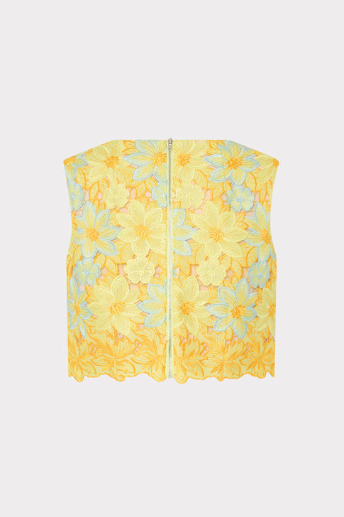 Yellow Multi Floral Lace Sleeveless Top - Back View | MILLY