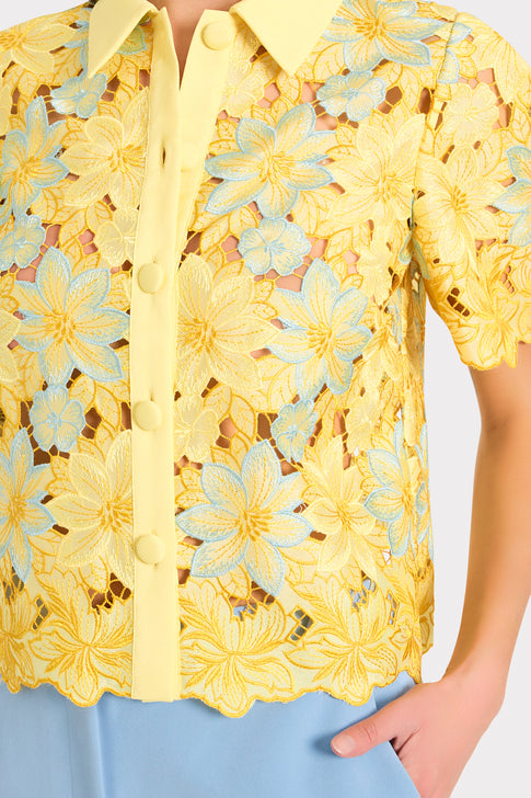 Yellow Multi Roja Lace Top - Button Detail Close-up | MILLY
