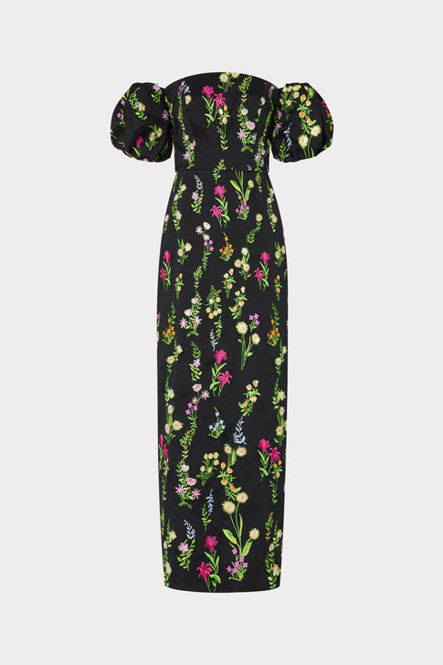 Nira Bloom Embroidery Off The Shoulder Dress Black Multi Image 1 of 5