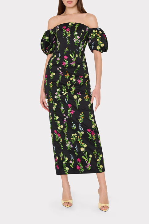Nira Bloom Embroidery Off The Shoulder Dress Black Multi Image 3 of 5