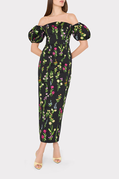 Nira Bloom Embroidery Off The Shoulder Dress Black Multi Image 2 of 5