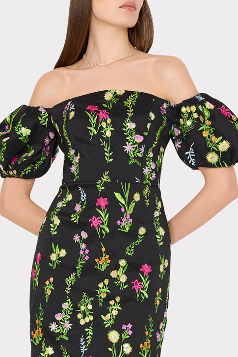 Nira Bloom Embroidery Off The Shoulder Dress Black Multi Image 4 of 5