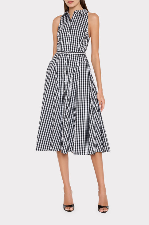 Black White Gingham Designer Midi Dress - Full Length On Model | MILLY