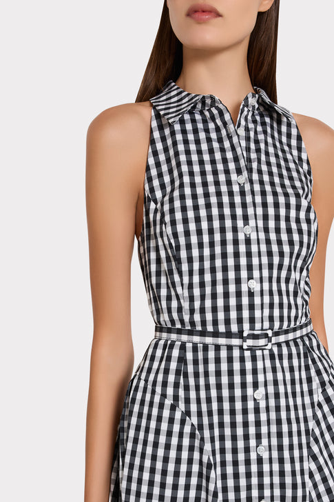 Black White Gingham Midi Dress - Upper Body Detail On Model | MILLY
