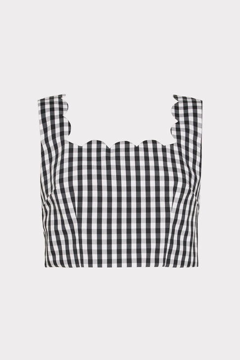Black and white gingham Mia crop top with elegant scalloped trim - Front View | MILLY