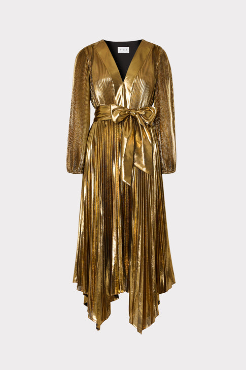 Liora Pleated Lame Dress Gold Image 1 of 4