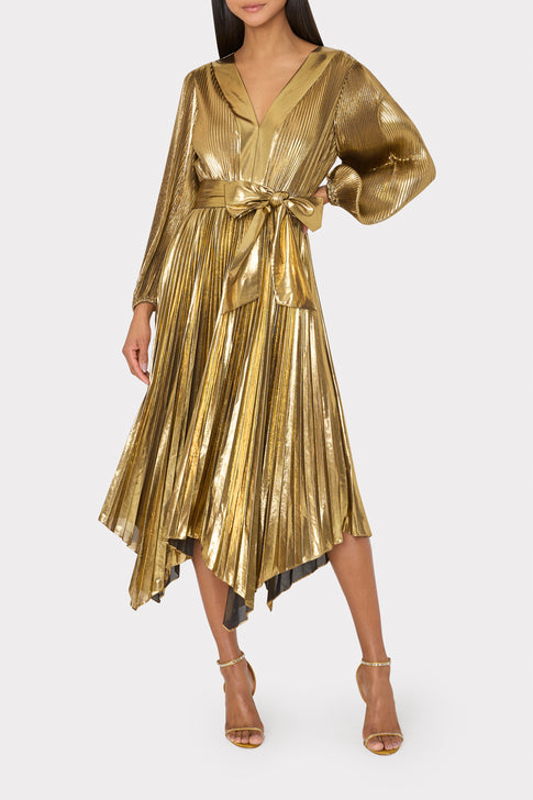 Liora Pleated Lame Dress Gold Image 2 of 4