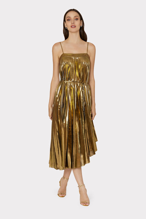 Gold Spaghetti V-Cut High Slit Shiny Party Ball Dress (00203024) - eDressit