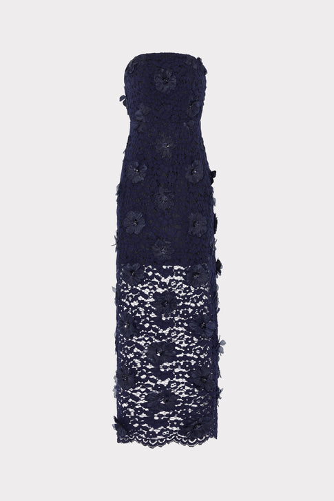 Navy Kait Floral Sequin Strapless Midi Dress - Flat Lay | MILLY