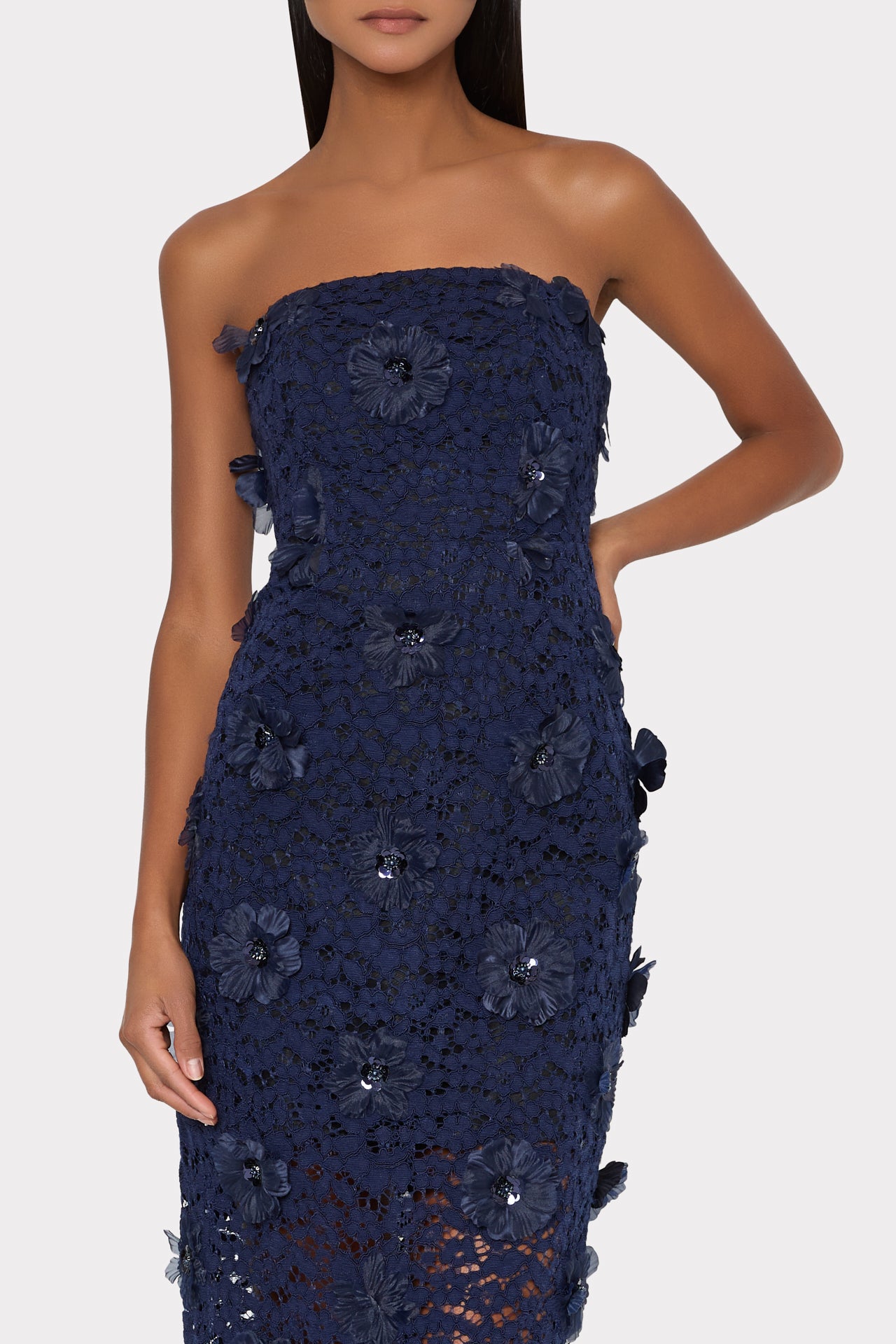kait sequined strapless midi dress Milly Kait Sequined Floral Mesh Strapless