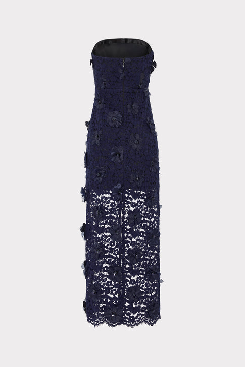 Navy Sequin Strapless Dress with Floral Lace Details - Back View | MILLY