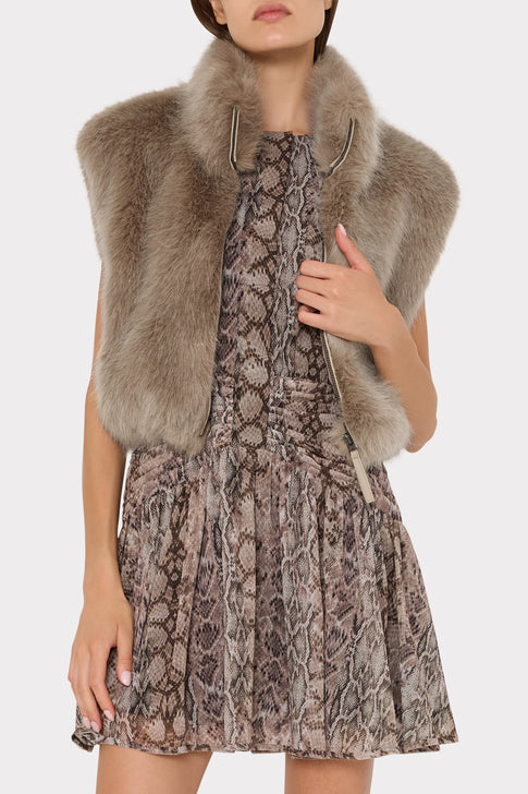 Grey Luxury Faux Fur Vest - Styled Look Over Snake Print Dress | MILLY