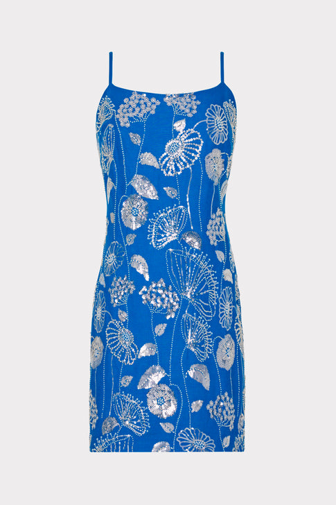 Sequin Embelished Linen Mini Dress Blue/White Image 1 of 4