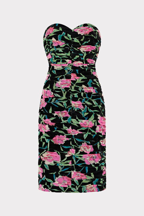 Chloe Burnout Velvet Ruched Midi Dress Black/Pink Image 1 of 5