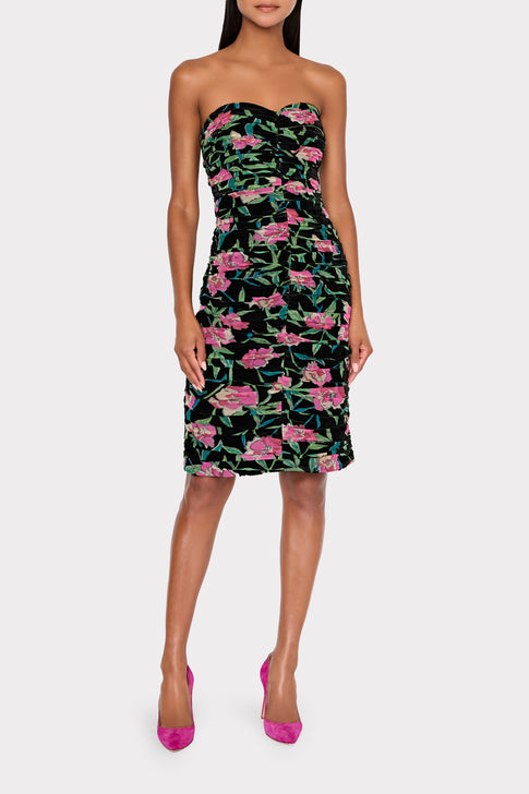 Chloe Burnout Velvet Ruched Midi Dress Black/Pink Image 2 of 5