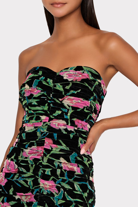 Chloe Burnout Velvet Ruched Midi Dress Black/Pink Image 3 of 5