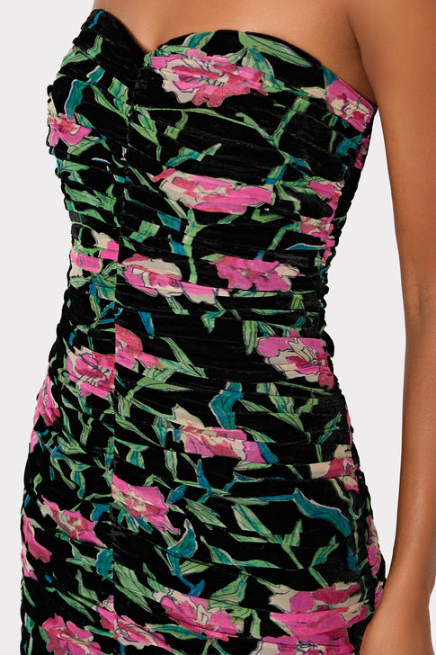 Chloe Burnout Velvet Ruched Midi Dress Black/Pink Image 4 of 5