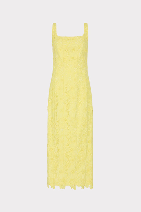 Yellow Floral Lace Midi Dress - Front Flat View, Elegant Square Neckline | MILLY