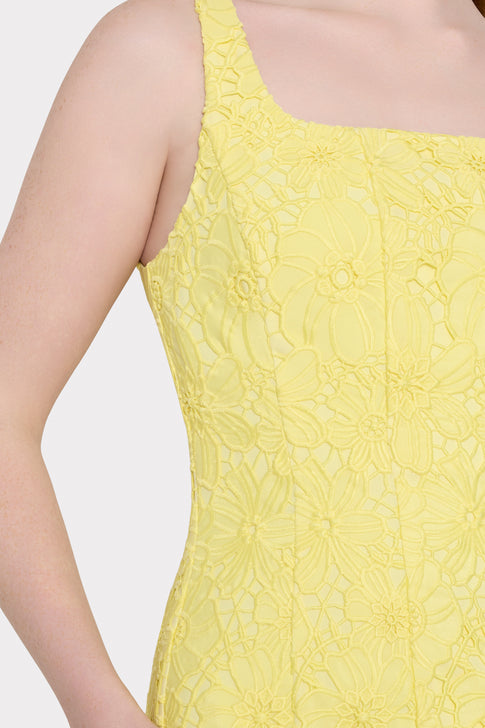 Yellow Floral Lace Midi Dress - Bodice Close-Up Detail, Unique Lace Overlay | MILLY