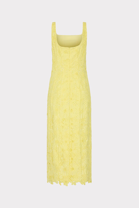 Yellow Floral Lace Midi Dress - Back Flat View, Scalloped Hem Detail | MILLY