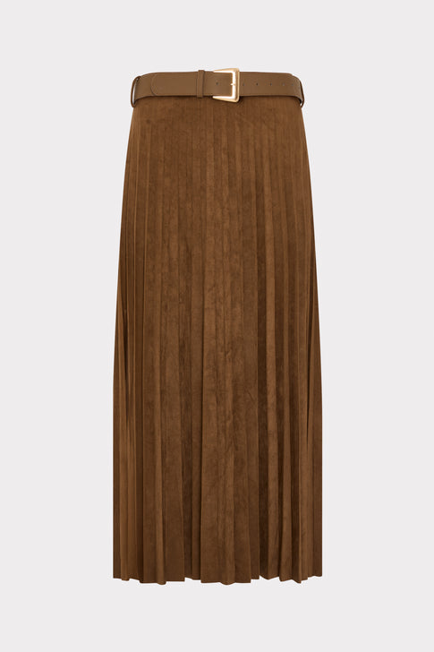 Brown Pleated Midi Skirt with Gold Belt Buckle - Front Flat View | MILLY