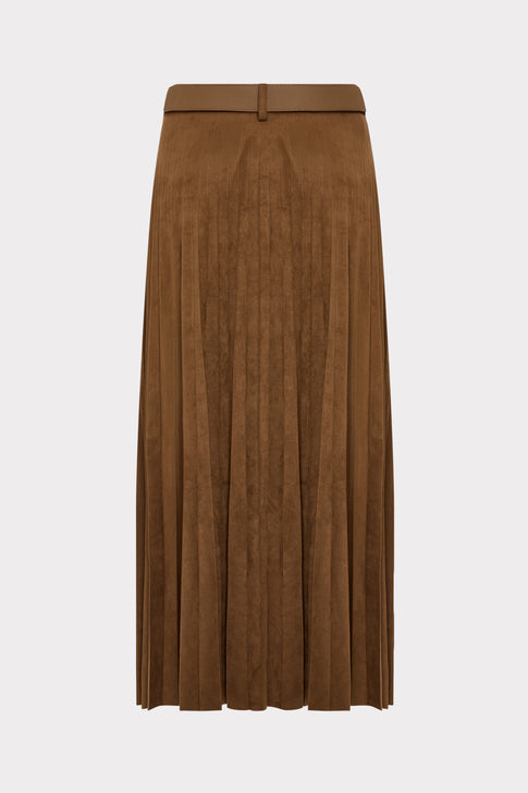 Brown Designer Pleated Midi Skirt with Belt Loop - Back View | MILLY