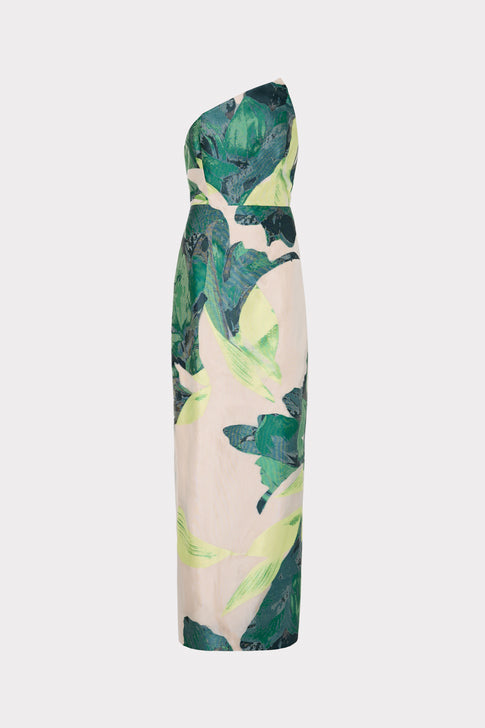 Asymetrical Tropical Forest Jacquard Midi Dress Green Multi Image 1 of 5