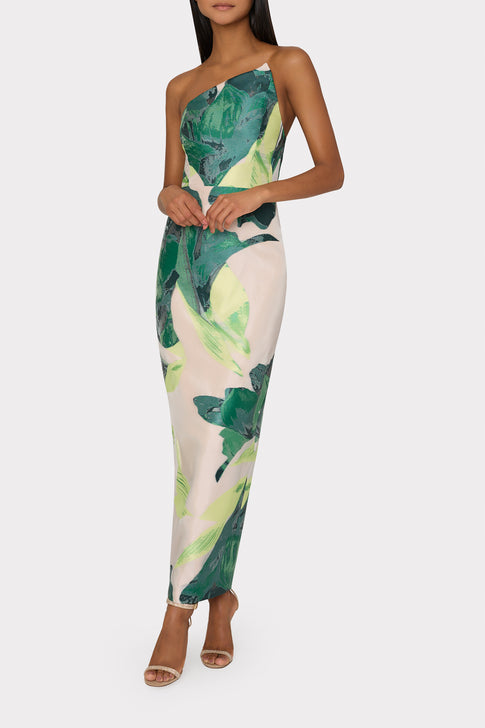 Asymetrical Tropical Forest Jacquard Midi Dress Green Multi Image 2 of 5