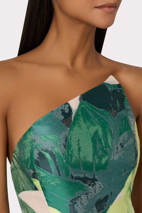 Asymetrical Tropical Forest Jacquard Midi Dress Green Multi Image 4 of 5