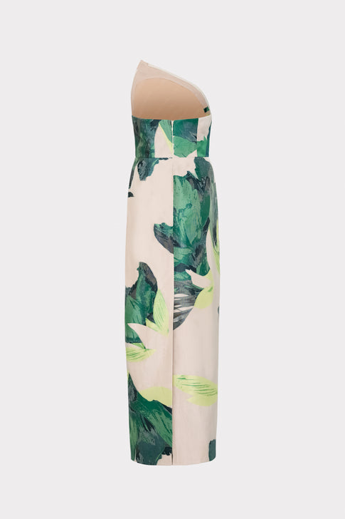 Asymetrical Tropical Forest Jacquard Midi Dress Green Multi Image 5 of 5