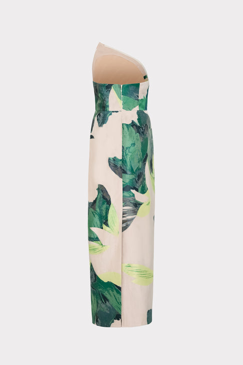 Asymetrical Tropical Forest Jacquard Midi Dress