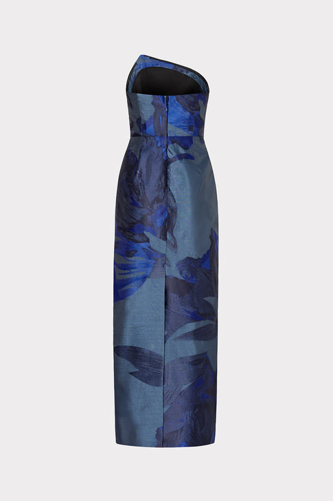 Asymmetrical Tropical Forest Jacquard Maxi Dress in Navy Multi