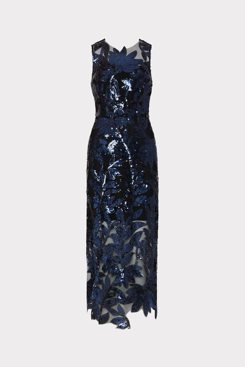 Kinsley Floral Sequins Dress in Navy - MILLY in Navy | MILLY