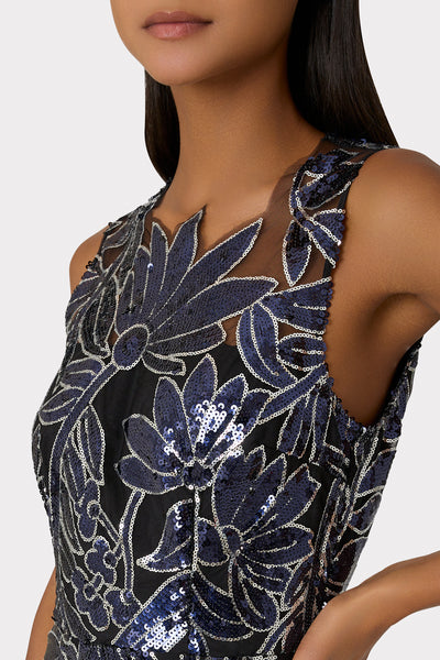 Kinsley Floral Sequins Dress in Navy/Silver | MILLY