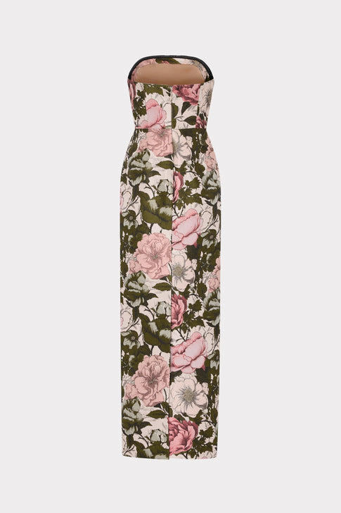 Pink Green Floral Jacquard Ella Maxi Dress - Back View with Slit | MILLY