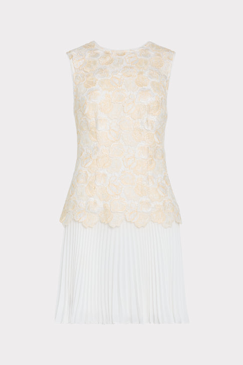Ecru Floral Lace Pleated Mini Dress - Flat Front View | MILLY