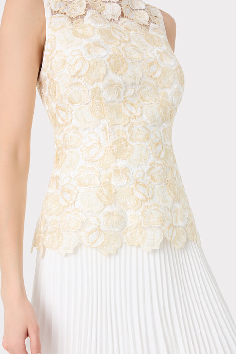 Ecru Designer Floral Lace Bodice & Scalloped Hem Close-Up Detail | MILLY