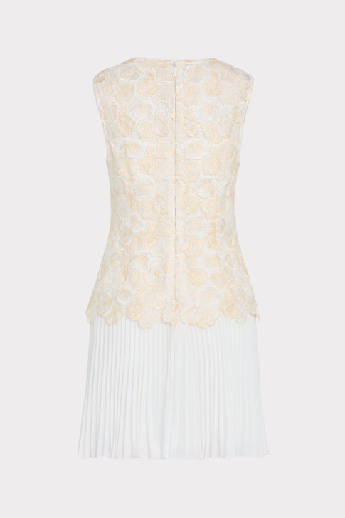 Ecru Floral Lace Pleated Mini Dress - Flat Back View | MILLY